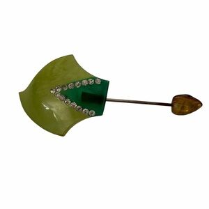Vintage Green Plastic Rhinestone Stick Pin Hat Lapel Brooch Retro 3 Inch